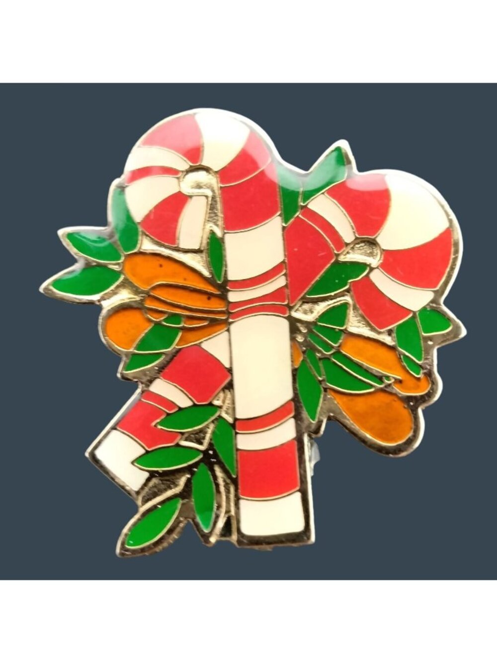 Christmas Candy Cane Pin Brooch Holly Bow Vintage Holiday Jewelry Enamel